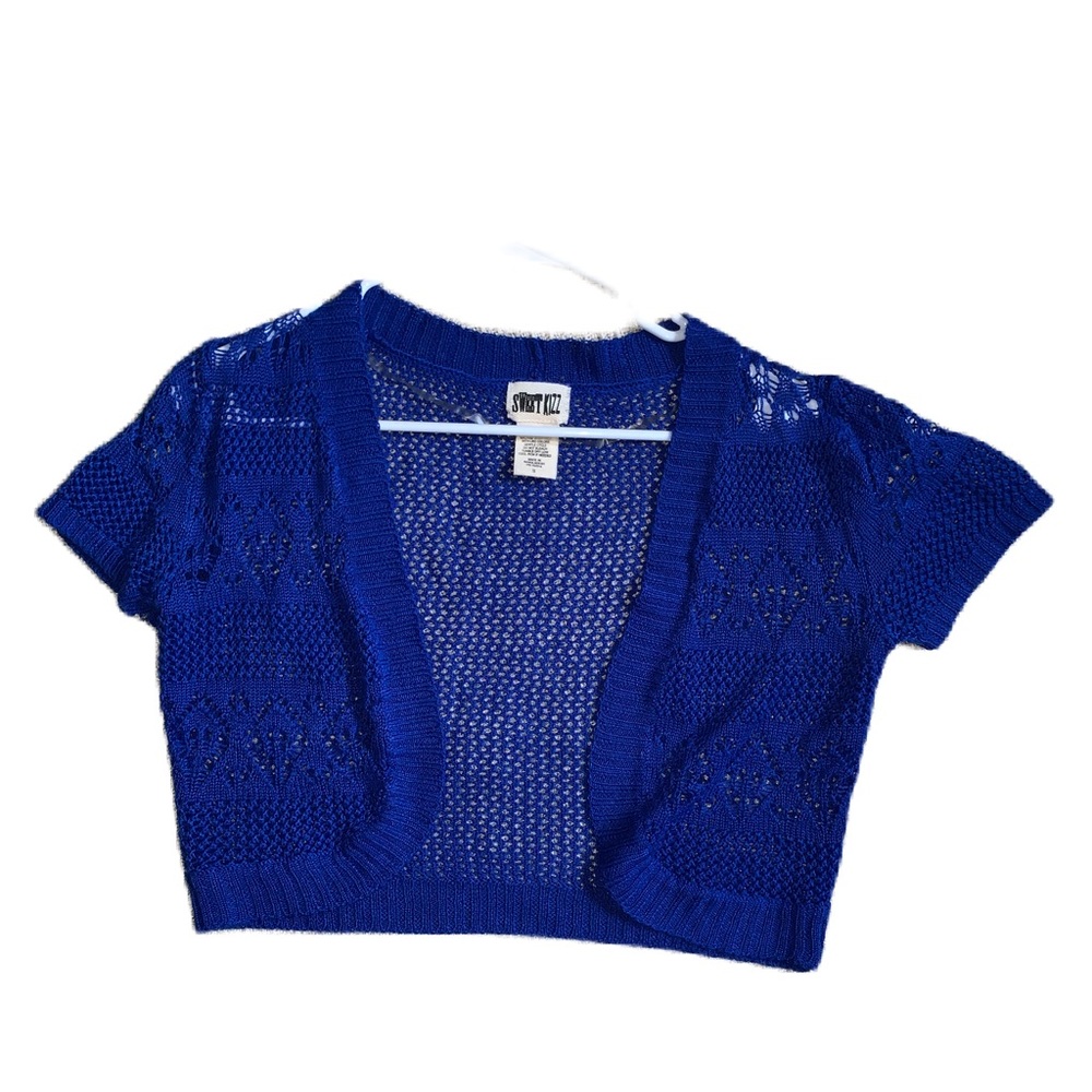 Sweet Kiss | Royal Blue Crochet Cropped Shawl Cardigan Knit Short Sleeve